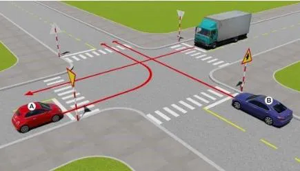 Theo hướng mũi tên, xe nào được quyền đi trước?